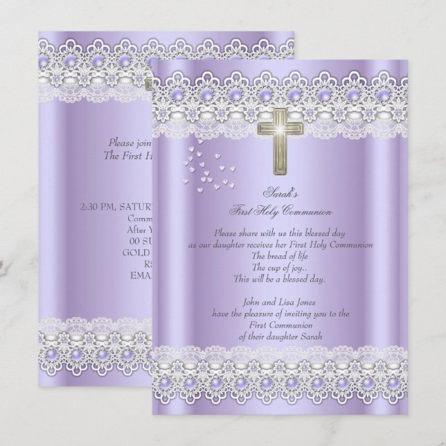 Invitation Première Sainte Communion 1ère Filles Croix Lavand (Devant / Derrière)