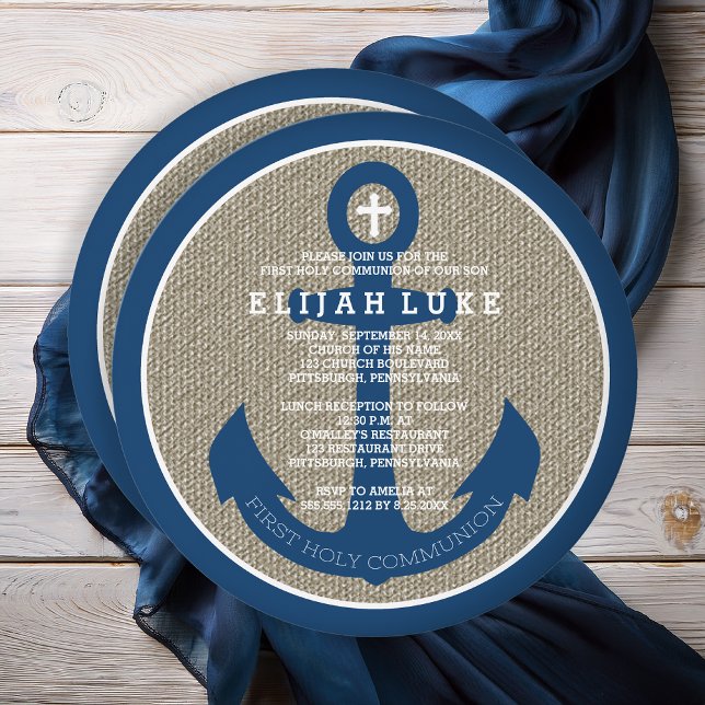 Invitation Première sainte communion | Ancre nautique garçon (First Holy Communion Boy Nautical Anchor Round Invitation - Print | Digital Download)