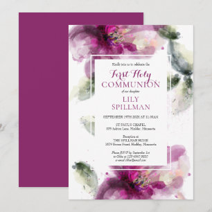 Invitation Première sainte Communion aquarelle florale 
