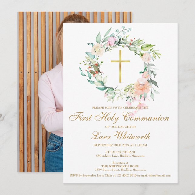 Invitation Première Sainte Communion Aquarelle Or Photo Flora (Devant / Derrière)