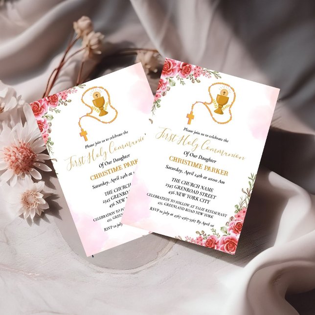 Invitation Première sainte communion aquarelle Pink floral (Créateur téléchargé)