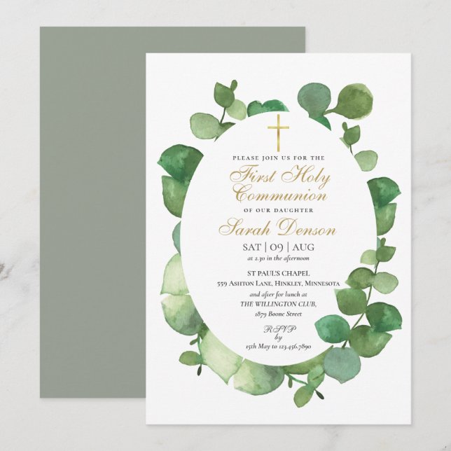 Invitation Première Sainte Communion Aquarelle Verdure (Devant / Derrière)