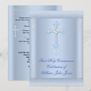 Invitation Première Sainte Communion Argent Bleu Garçon