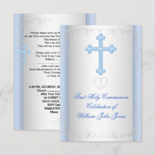 Invitation Première Sainte Communion Argent Bleu Garçon