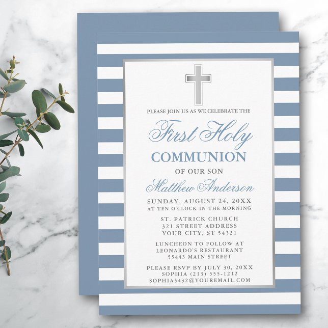 Invitation Première Sainte Communion Argent Dusty Bleu rayé (Customize to change text size, color or text style.)