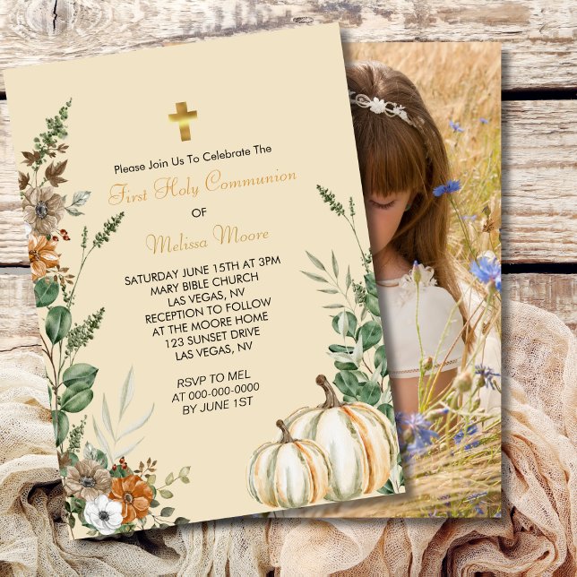 Invitation Première Sainte Communion Automne Rustique Brown F (Créateur téléchargé)