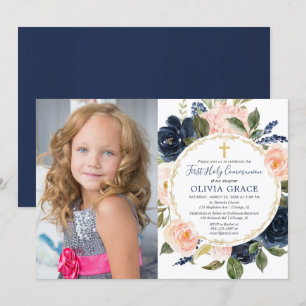 Invitation Première Sainte Communion bleu marine rose rousse 