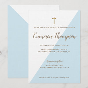 Invitation Première Sainte Communion bleu moderne Or blanc