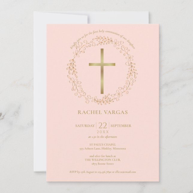 Invitation Première Sainte Communion Blush Pink Gold Cross Fl (Devant)
