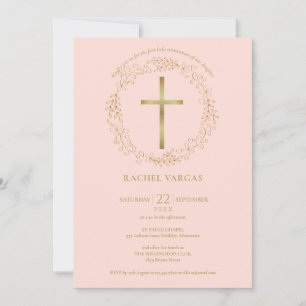 Invitation Première Sainte Communion Blush Pink Gold Cross Fl