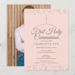 Invitation Première Sainte Communion Blush Pink Silver Photo