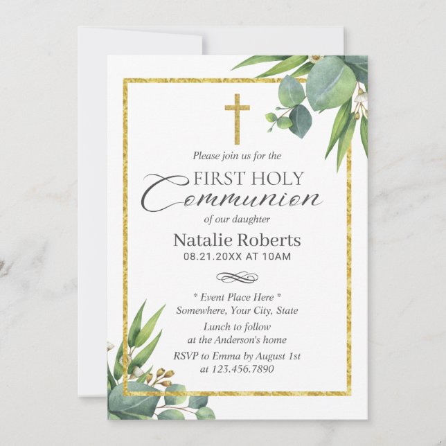 Invitation Première Sainte Communion Botanique Foliage Or Cad (Devant)