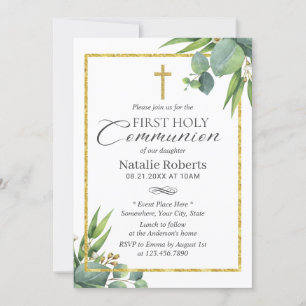 Invitation Première Sainte Communion Botanique Foliage Or Cad