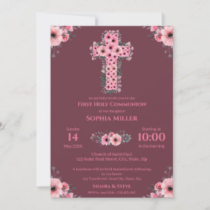 Invitation Première Sainte Communion Chic Girl Croix Fleur Ro