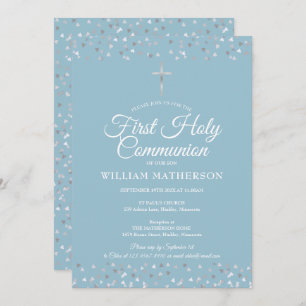 Invitation  Première Sainte Communion Coeurs d'argent moderne