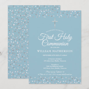Invitation Première Sainte Communion Cœurs en Argent Moderne