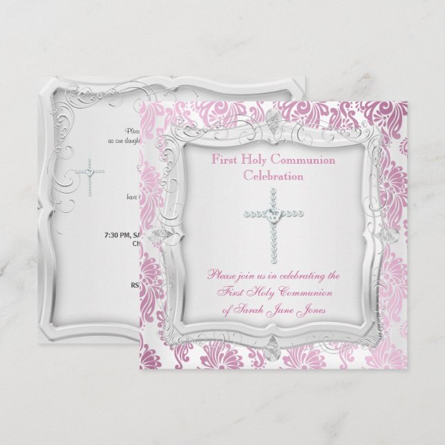 Invitation Première Sainte Communion Croix d'argent rose (Devant / Derrière)