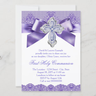 Invitation Première Sainte Communion Croix Dentelle Violette