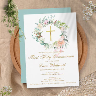 Invitation Première Sainte Communion Croix Dorée Aquarelle Fl