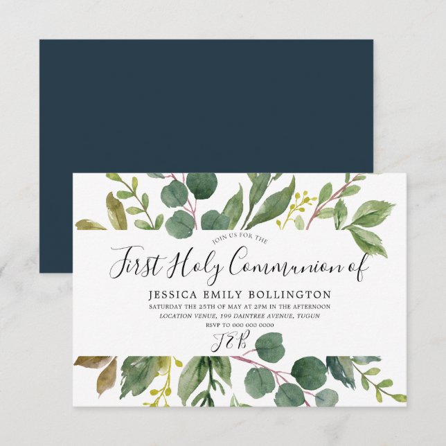 Invitation Première sainte communion de la feuille verte mode (Devant / Derrière)