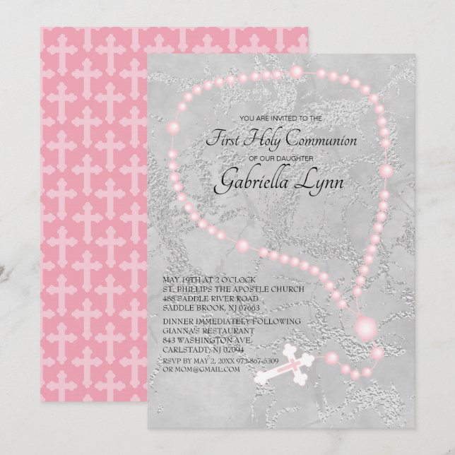 Invitation Première sainte communion de perles roses de (Devant / Derrière)