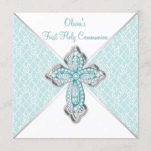 Invitation Première Sainte Communion des Filles Bleu Sarcelle