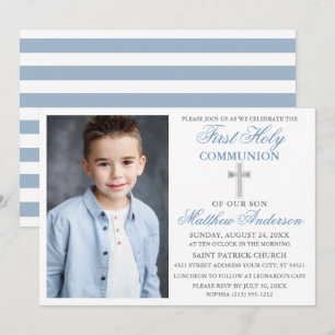 Invitation Première Sainte Communion Dusty Bleu Argent rayé