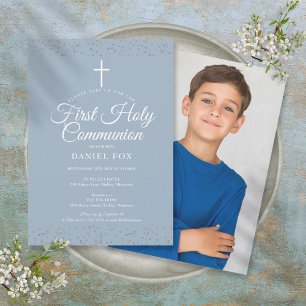 Invitation Première Sainte Communion Dusty Photo Bleue