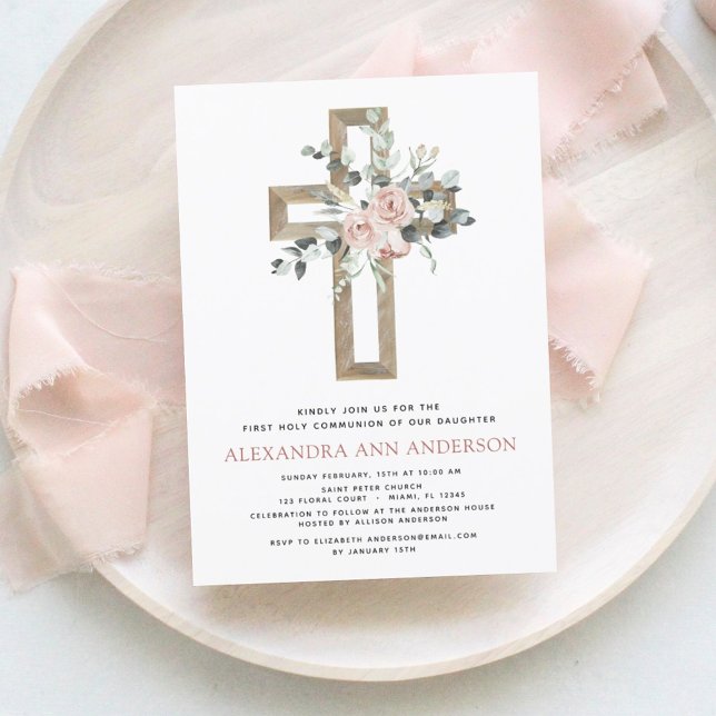 Invitation Première Sainte Communion Dusty Rose Rose Verdure (Créateur téléchargé)