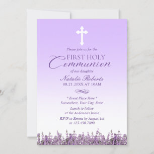 Invitation Première Sainte Communion Élégante Lavande Florale