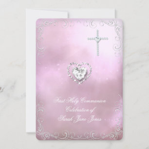 Invitation Première Sainte Communion Fille Argent Rose Célest