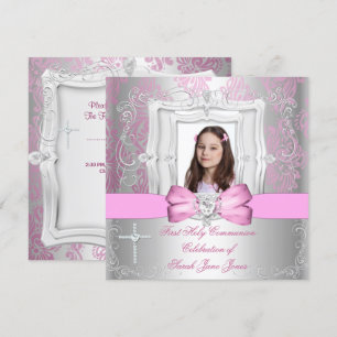 Invitation Première Sainte Communion Fille Argent Rose Photo