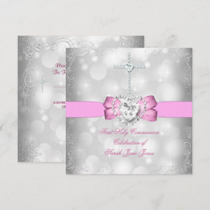 Invitation Première Sainte Communion Fille Blanc Rose
