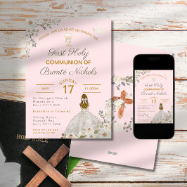 Invitation Première Sainte Communion Fille Blush Chalice rose
