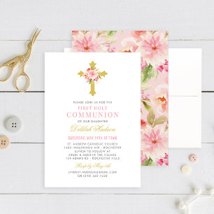 Invitation Première Sainte Communion Fille Croix Dorée Fleurs