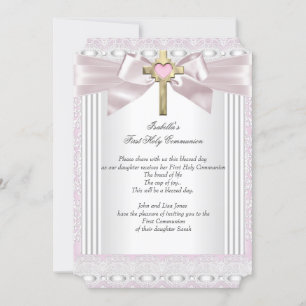 Invitation Première Sainte Communion Fille Croix Rose Dentell