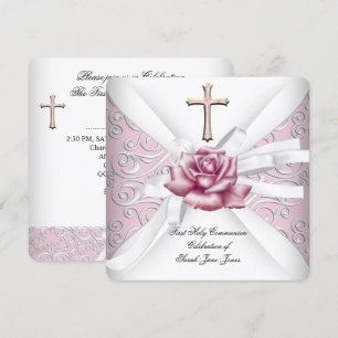 Invitation Première Sainte Communion Fille Damassé Rose Rose