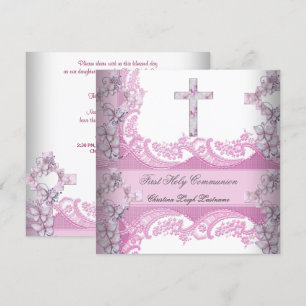 Invitation Première Sainte Communion Fille Dentelle Rose