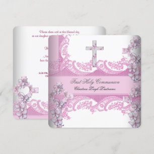 Invitation Première Sainte Communion Fille Joli Lace Rose