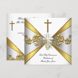 Invitation Première Sainte Communion Fille Or Blanc Floral 2