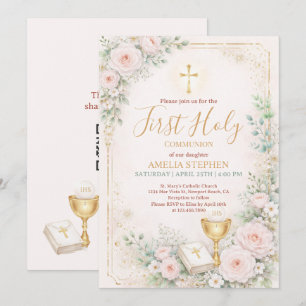 Invitation Première Sainte Communion Fille Rose Floral Or 
