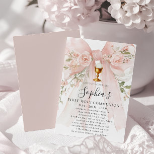 Invitation Première Sainte Communion Fille Rose Florale Rose