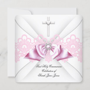 Invitation Première Sainte Communion Fille Rose Ruban en Dent