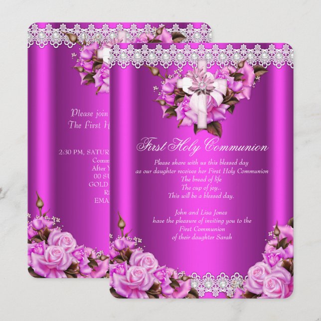 Invitation Première Sainte Communion Filles Hot Pink Pearl La (Devant / Derrière)
