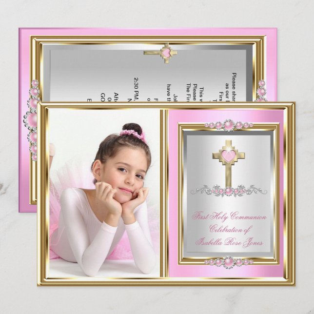 Invitation Première Sainte Communion Filles Pink Pearl Photo (Devant / Derrière)