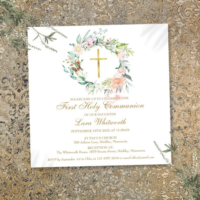 Invitation Première Sainte Communion Fleurie Aquarelle Croix  (Gold Cross Watercolor Floral First Holy Communion Invitation)