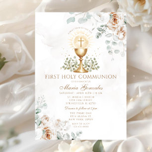 Invitation Première Sainte Communion Fleurie Bohème Blanche