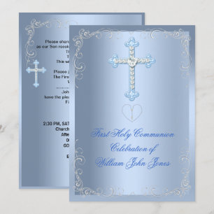 Invitation Première Sainte Communion Garçon Argent Bleu
