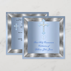 Invitation Première Sainte Communion Garçon Argent Bleu 2a
