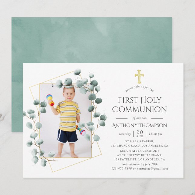 Invitation Première sainte communion géométrique Eucalyptus (Devant / Derrière)